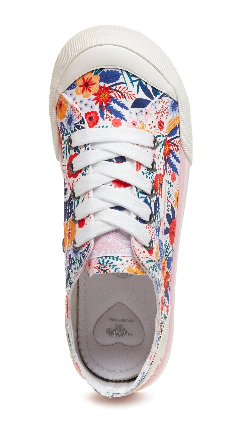Lace up women's Jazzin white cotton trainers with a multicoloured floral pattern and white laces.