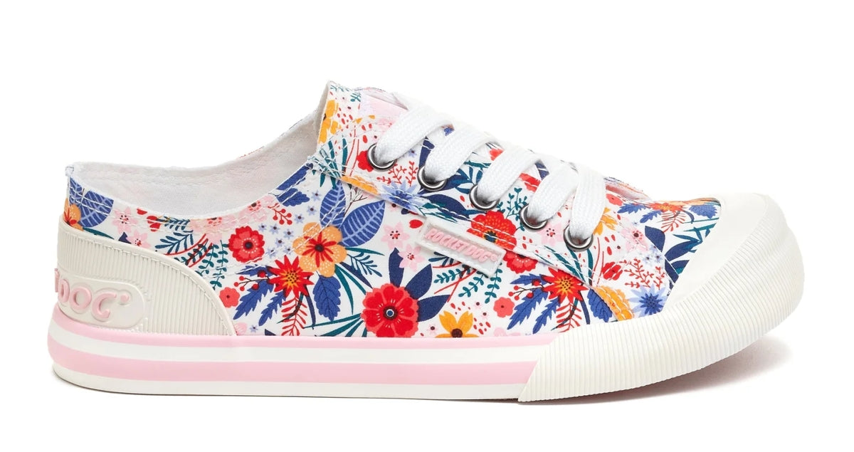 Women's Rocket Dog Jazzin canvas shoes in white with a multicoloured floral pattern.