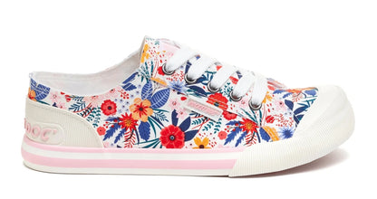 Women's Rocket Dog Jazzin canvas shoes in white with a multicoloured floral pattern.