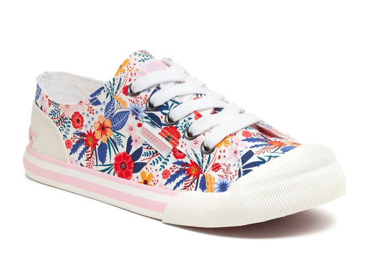 Rocket Dog womens Jazzin cotton lace up trainers in white with a multicoloured floral pattern.