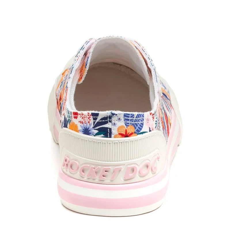 Women's Jazzin white cotton trainers from Rocket Dog with multicoloured floral pattern and back sole logo.