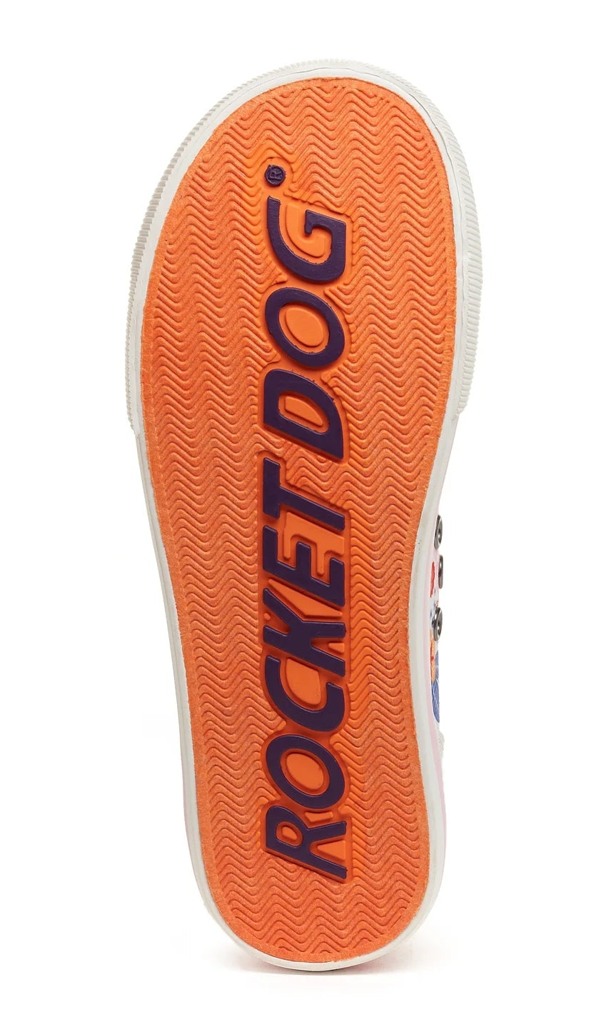 Rocket Dog women's cotton trainers with orange logo print soles.