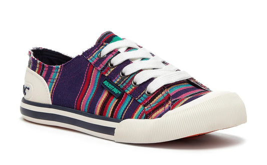 Rocket Dog womens Jazzin cotton lace up trainers in purple with a multicoloured stripe pattern.