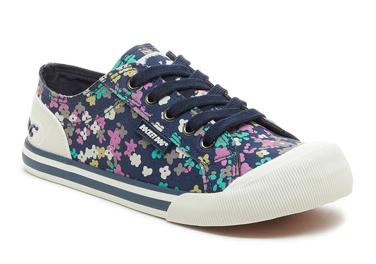 Rocket Dog womens Jazzin recycled cotton lace up trainers in navy with a multicoloured floral pattern.