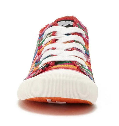 Womens red lace up Jazzin stripe cotton canvas trainers from Rocket Dog.