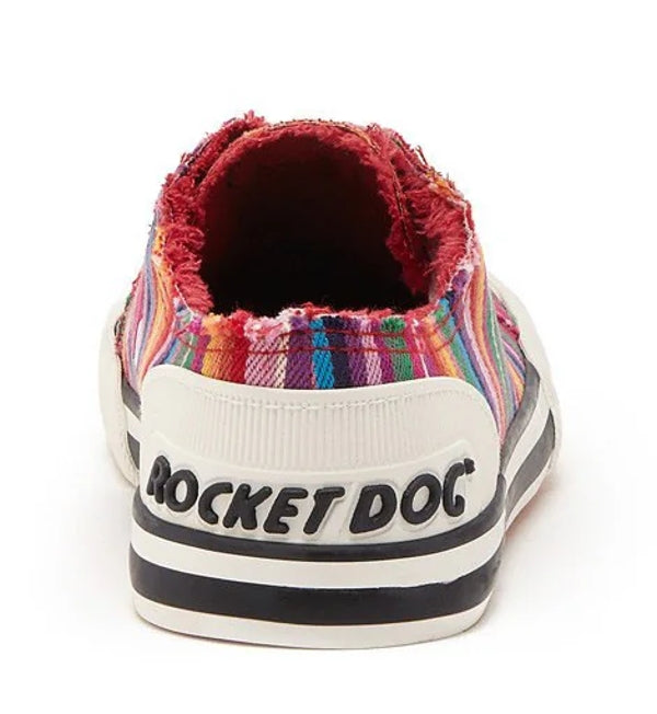 Women's Jazzin red cotton trainers from Rocket Dog with multicoloured stripe pattern and back sole logo.
