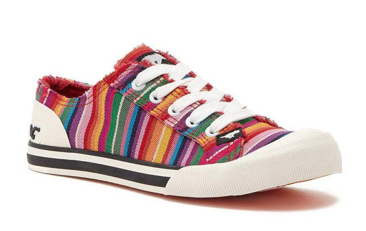 Rocket Dog womens Jazzin cotton lace up trainers in red with a multicoloured stripe pattern.