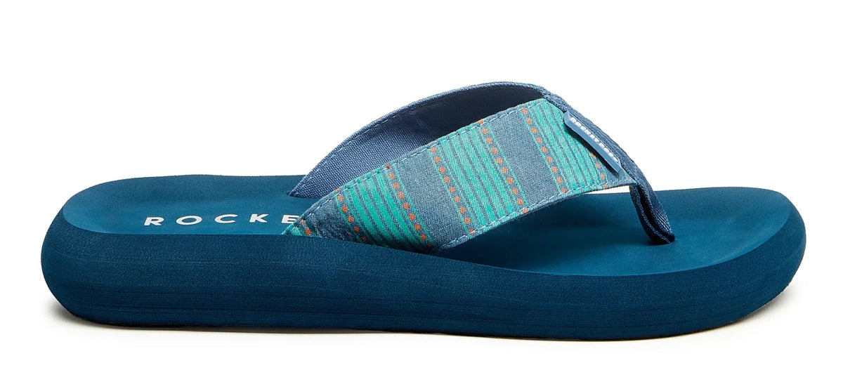 Women's Rocket Dog Spotlight flip flops in Blue with a stripe print.