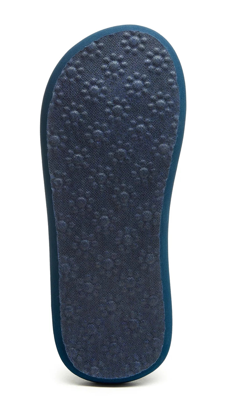 Rocket Dog women's Spotlight flip flops in Blue with stripe print and flower pattern outsole grips.