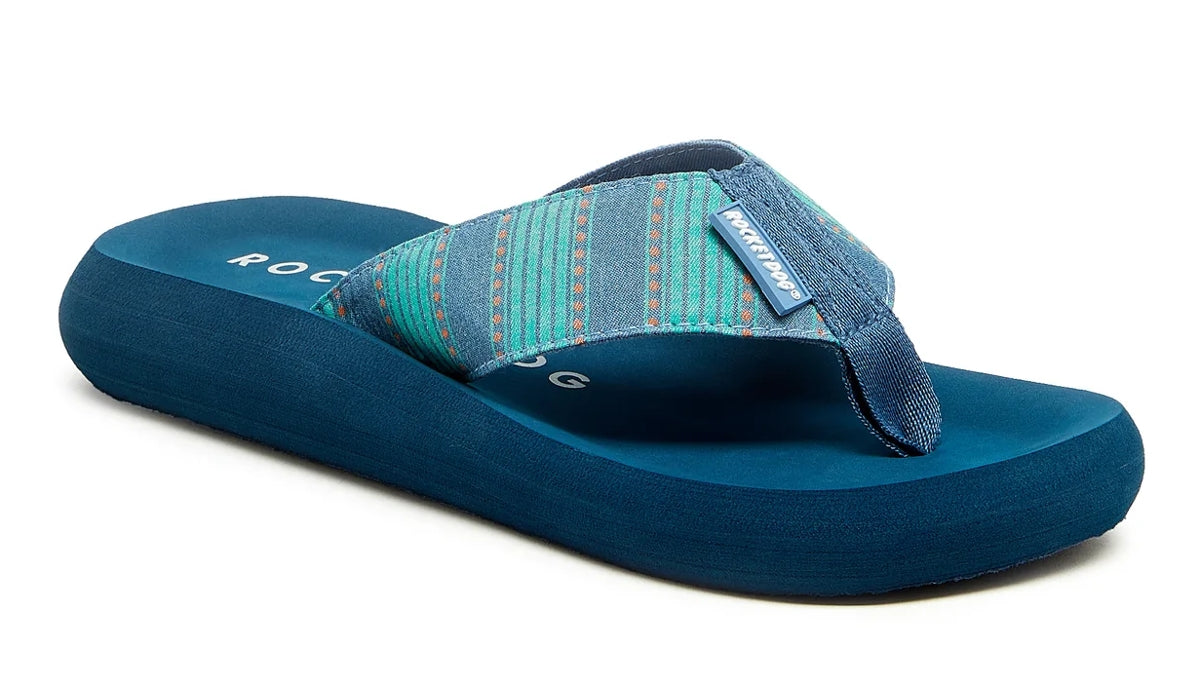 Rocket Dog women's Spotlight flip flops in Blue with unique stripe pattern strap.