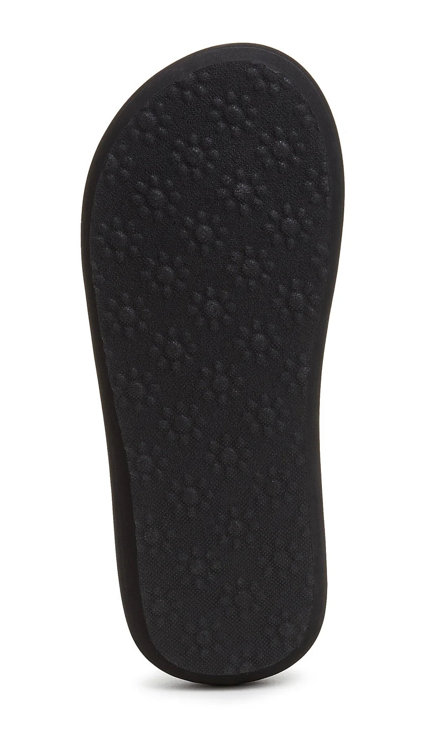 Rocket Dog women's Spotlight flip flops in Black with multicolour splash print and flower pattern outsole grips.