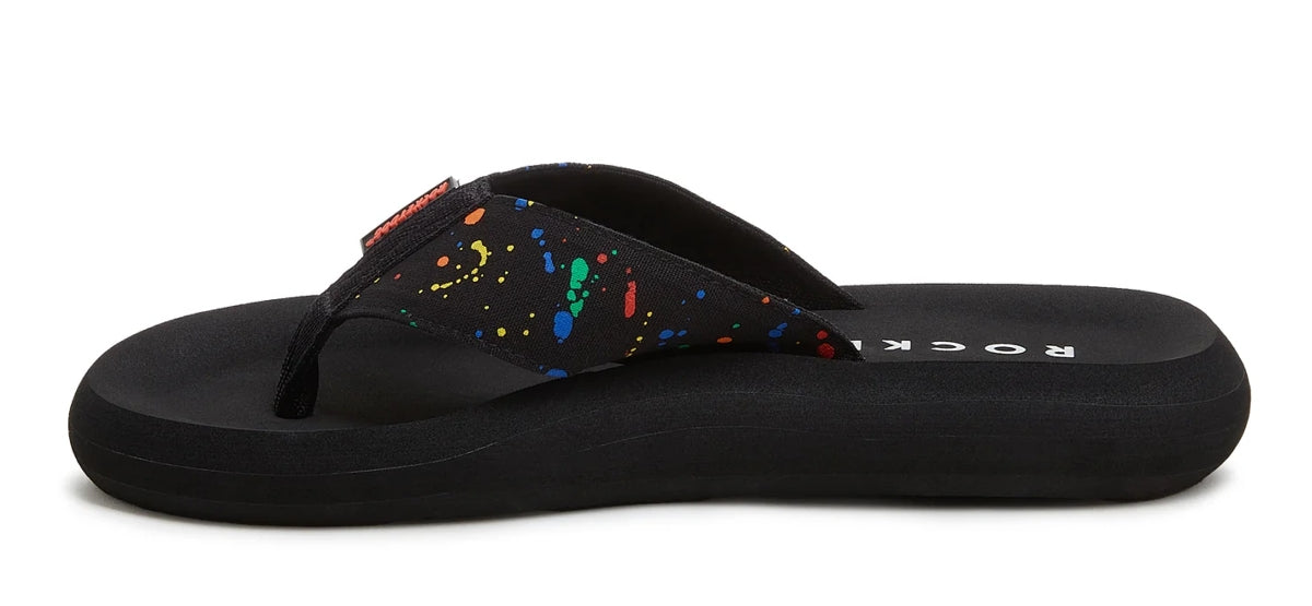 Women's Spotlight flip flops from Rocket Dog in Black with multicolour rainbow splash pattern.