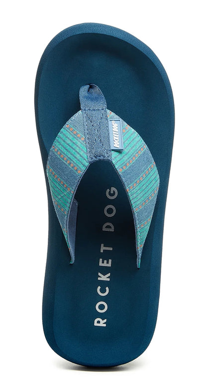 Women's Rocket Dog blue Spotlight flip flops with stripe pattern strap and logo print footbed.