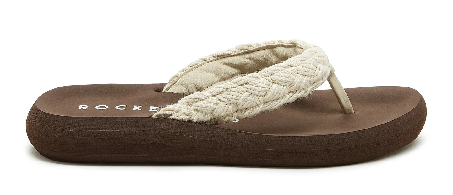 Women's Rocket Dog woven Sunset Cord flip flops in brown with a natural coloured strap.