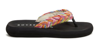 Women's Rocket Dog Sunset Cord flip flops in black with a woven cotton multicoloured Rainbow strap.