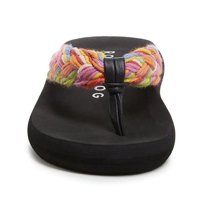 Rocket Dog women's woven strap Sunset Cord flip flops in black with a multicoloured Rainbow strap.