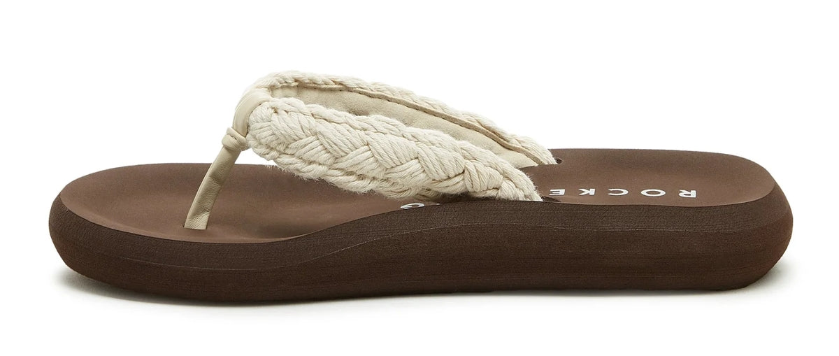 Women's Rocket Dog Sunset Cord flip flops in brown with a woven cotton natural strap.