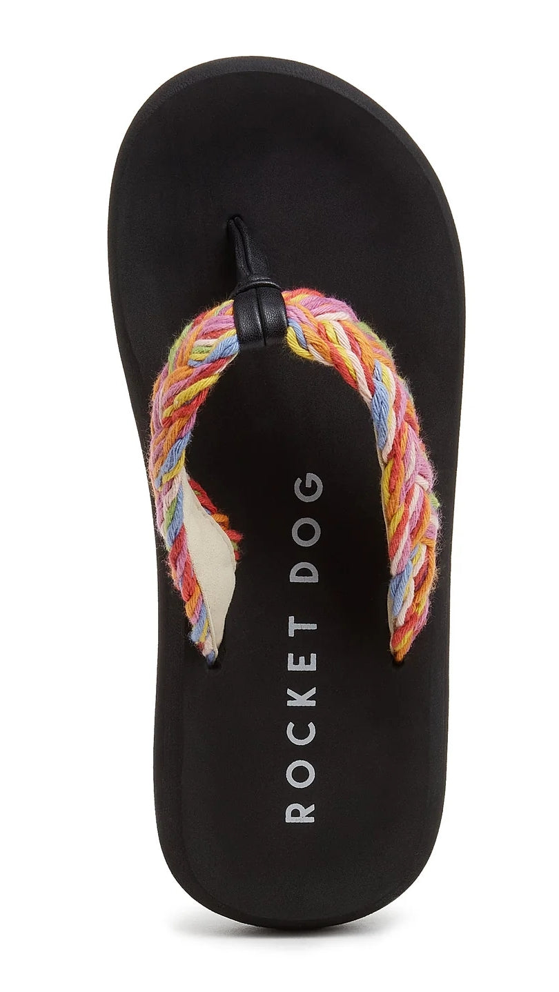 Rocket Dog women's Sunset Cord flip flops in black with a multicoloured Rainbow strap with a molded logo print footbed.