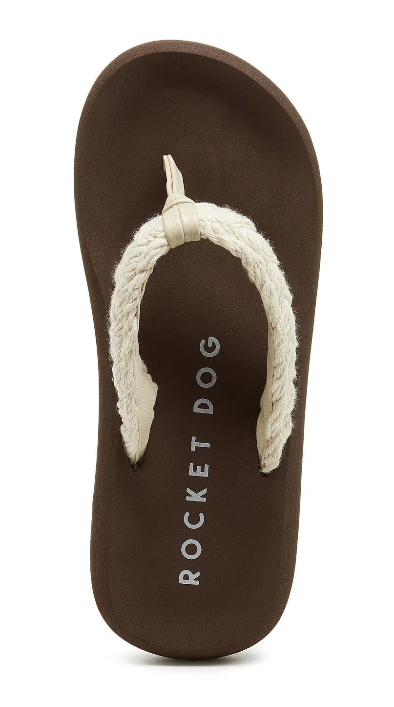 Rocket Dog women's Sunset Cord flip flops in brown and natural with a molded logo print footbed.
