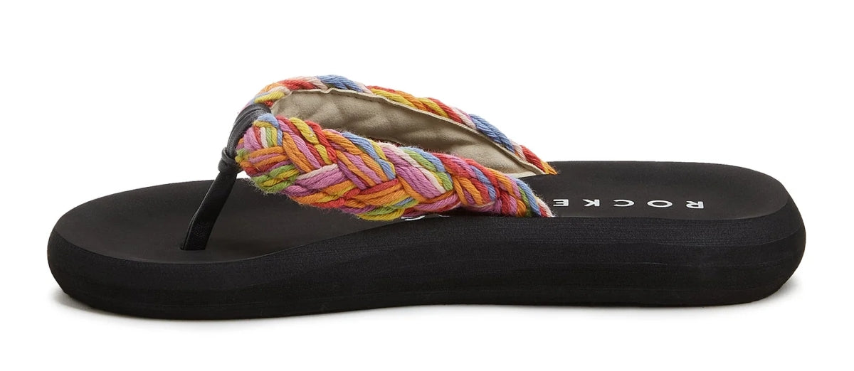 Women's Sunset Cord flip flops from Rocket Dog in black with a multicoloured Rainbow braided strap.