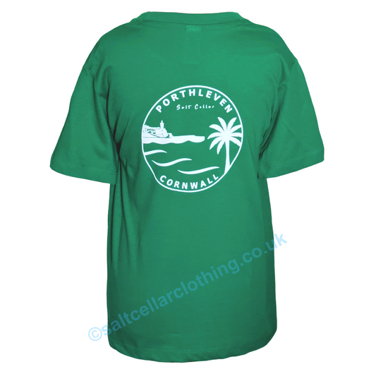 Main view of a green kids short sleeve t-shirt with a white Porthleven Cornwall graphic print on a white background