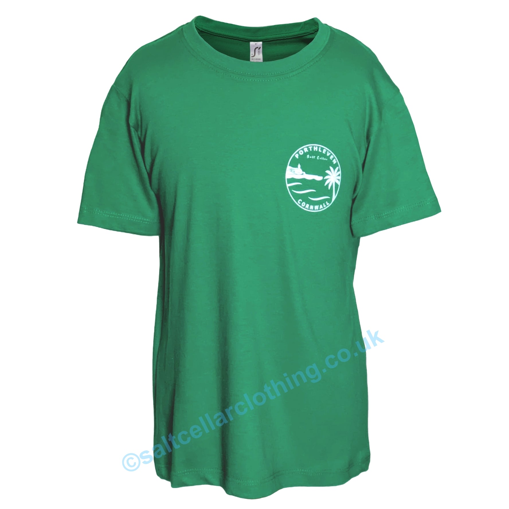 Green short sleeve kids t-shirt with a white Porthleven, Cornwall logo on a white background