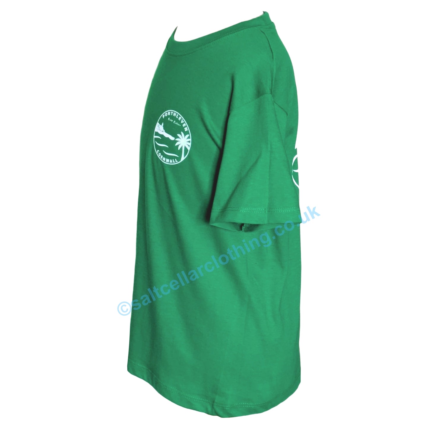 Side view of a green kids Porthleven print t-shirt with a logo on a white background
