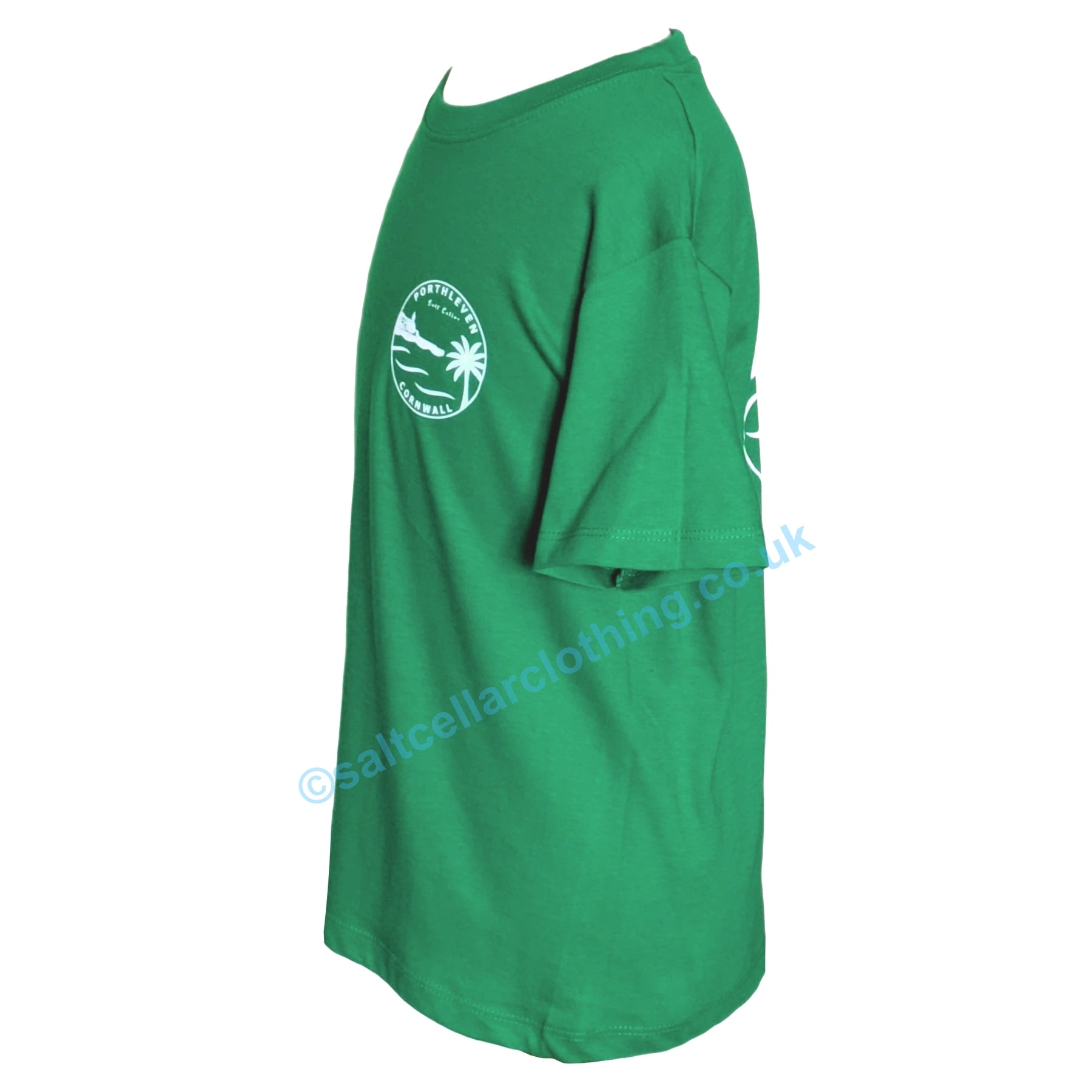 Side view of a green kids Porthleven print t-shirt with a logo on a white background
