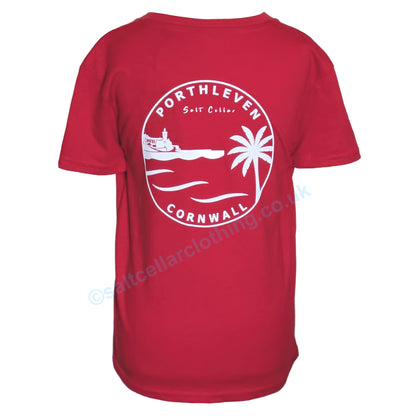 Main view of a short sleeve kids red t-shirt with white Porthleven, Cornwall print graphic design on a white background