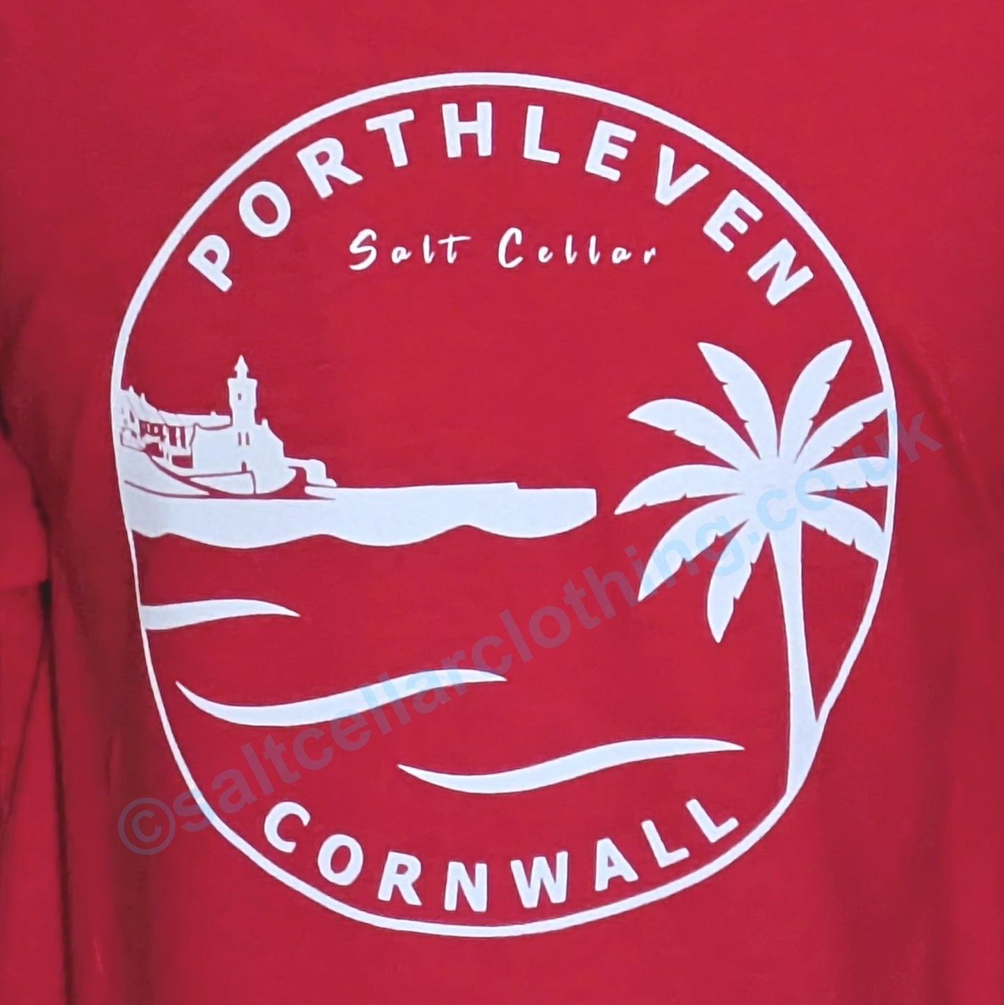 Red kids t-shirt with white graphic design featuring 'Porthleven Salt Cellar Cornwall' on a red background.