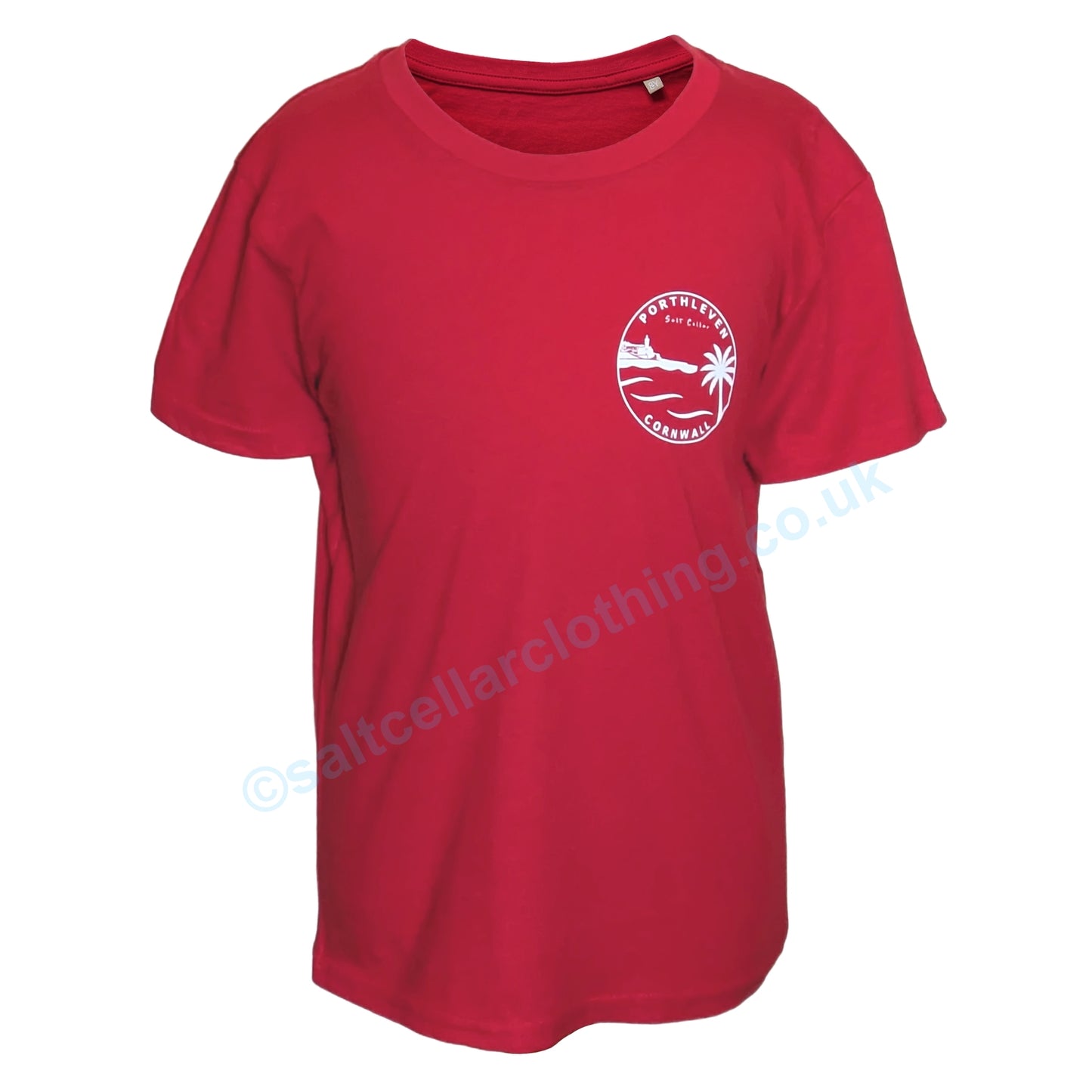 Red kids Salt Cellar Porthleven print t-shirt with a white logo on a white background