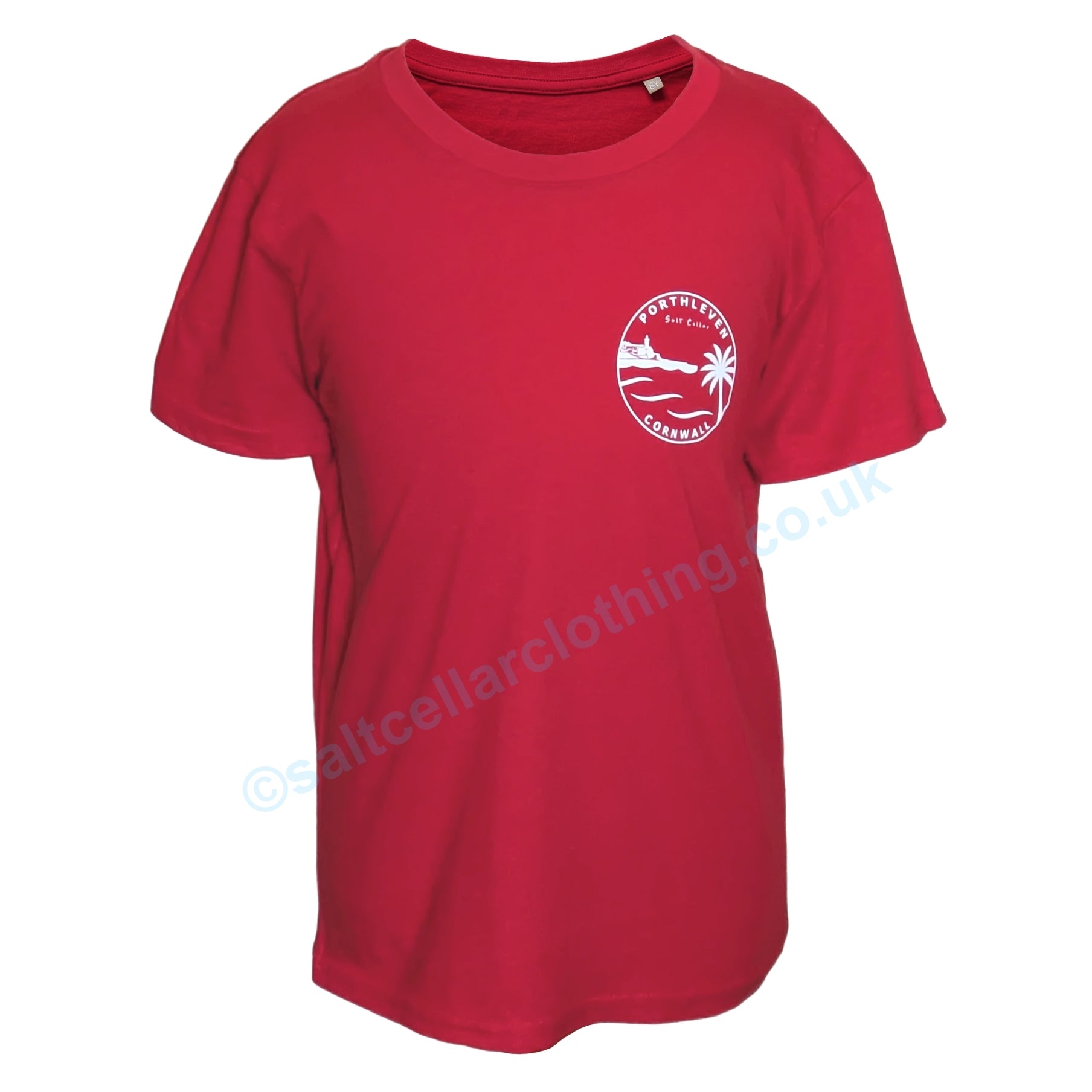 Red kids Salt Cellar Porthleven print t-shirt with a white logo on a white background
