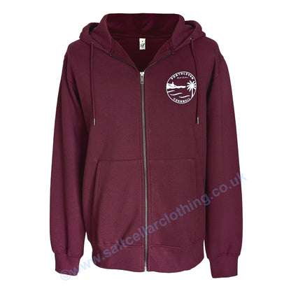 A Burgundy Red full zip hoodie shown from the front, featuring a small white circular graphic print featuring a clocktower and harbour, palm tree, waves, and the text 'PORTHLEVEN Salt Cellar' and 'CORNWALL'.