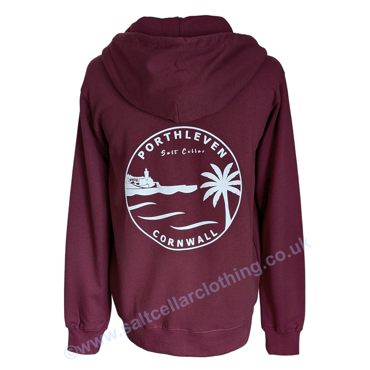 A Burgundy Red full zip hoodie shown from the back, featuring a large white circular graphic print on the back featuring a clocktower and harbour, palm tree, waves, and the text 'PORTHLEVEN Salt Cellar' and 'CORNWALL'.