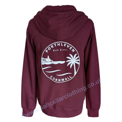A Burgundy Red full zip hoodie shown from the back, featuring a large white circular graphic print on the back featuring a clocktower and harbour, palm tree, waves, and the text 'PORTHLEVEN Salt Cellar' and 'CORNWALL'.