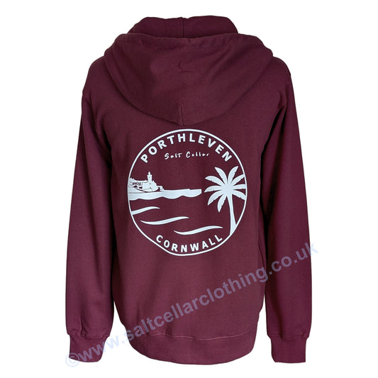 A Burgundy Red full zip hoodie shown from the back, featuring a large white circular graphic print on the back featuring a clocktower and harbour, palm tree, waves, and the text 'PORTHLEVEN Salt Cellar' and 'CORNWALL'.