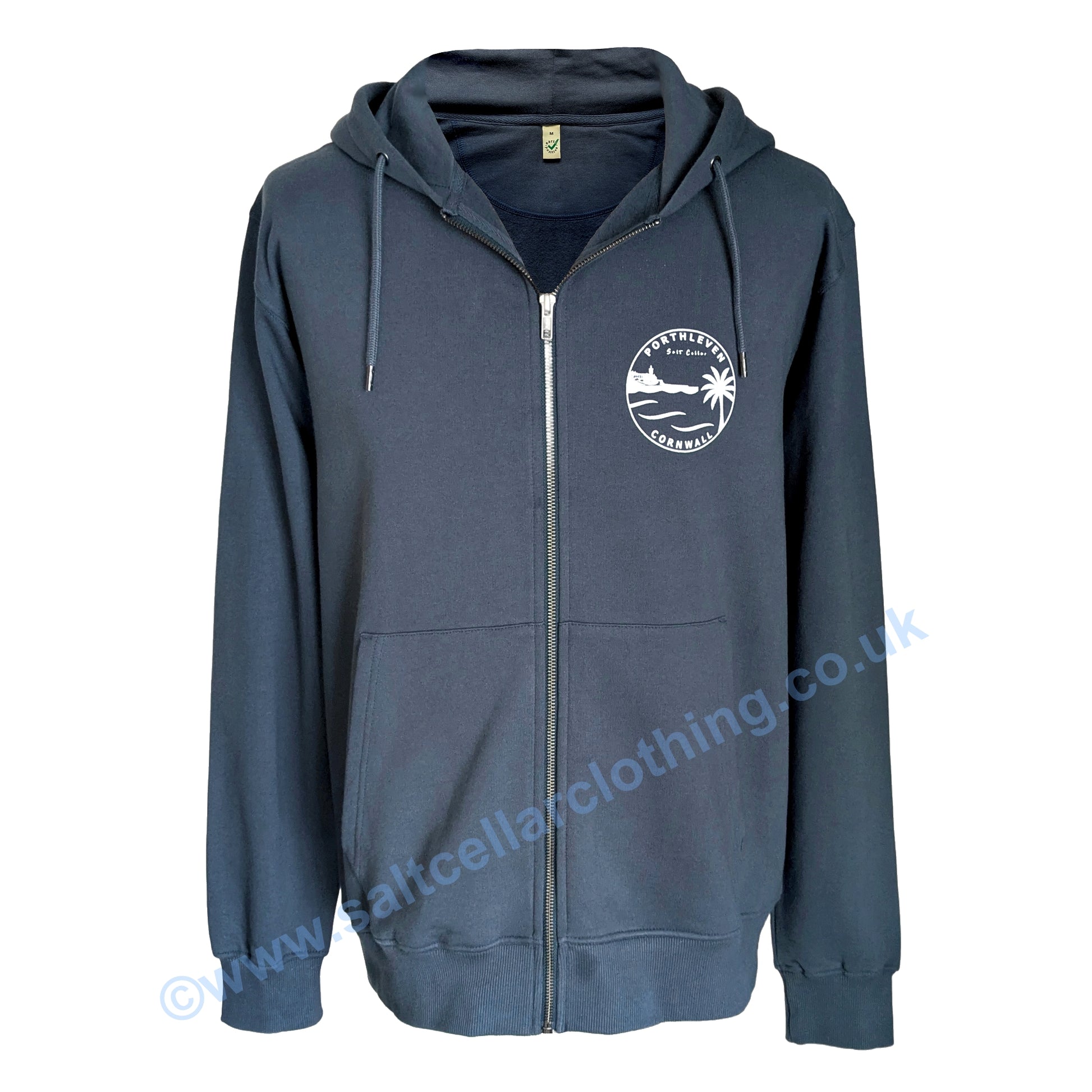 A Petrol Blue full zip hoodie shown from the front, featuring a small white circular graphic print featuring a clocktower and harbour, palm tree, waves, and the text 'PORTHLEVEN Salt Cellar' and 'CORNWALL'.