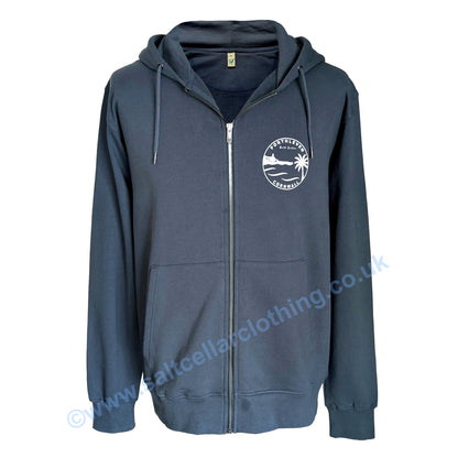 A Petrol Blue full zip hoodie shown from the front, featuring a small white circular graphic print featuring a clocktower and harbour, palm tree, waves, and the text 'PORTHLEVEN Salt Cellar' and 'CORNWALL'.