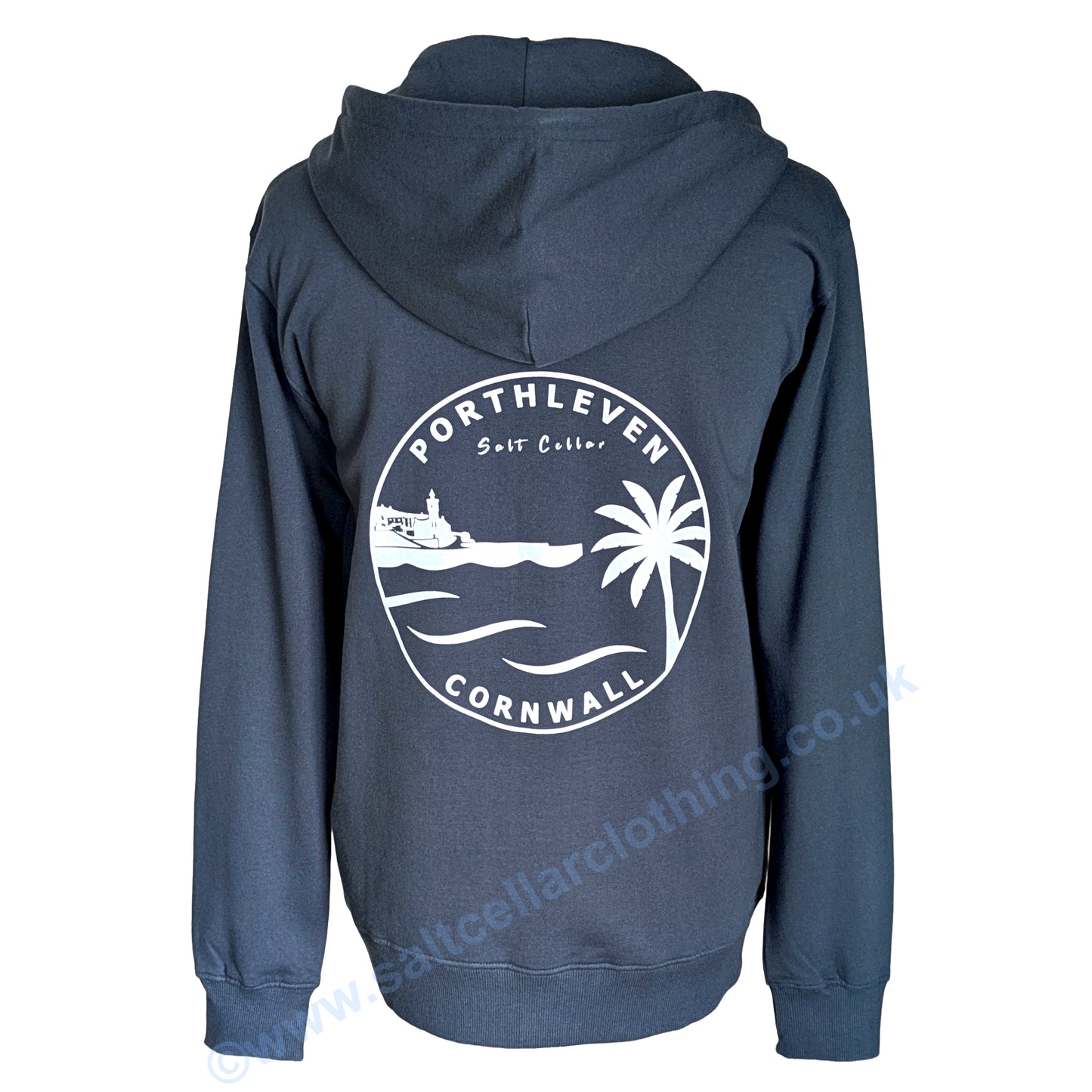A Petrol Blue hoodie shown from the back, featuring a large white circular graphic print on the back featuring a clocktower and harbour, palm tree, waves, and the text 'PORTHLEVEN Salt Cellar' and 'CORNWALL'.