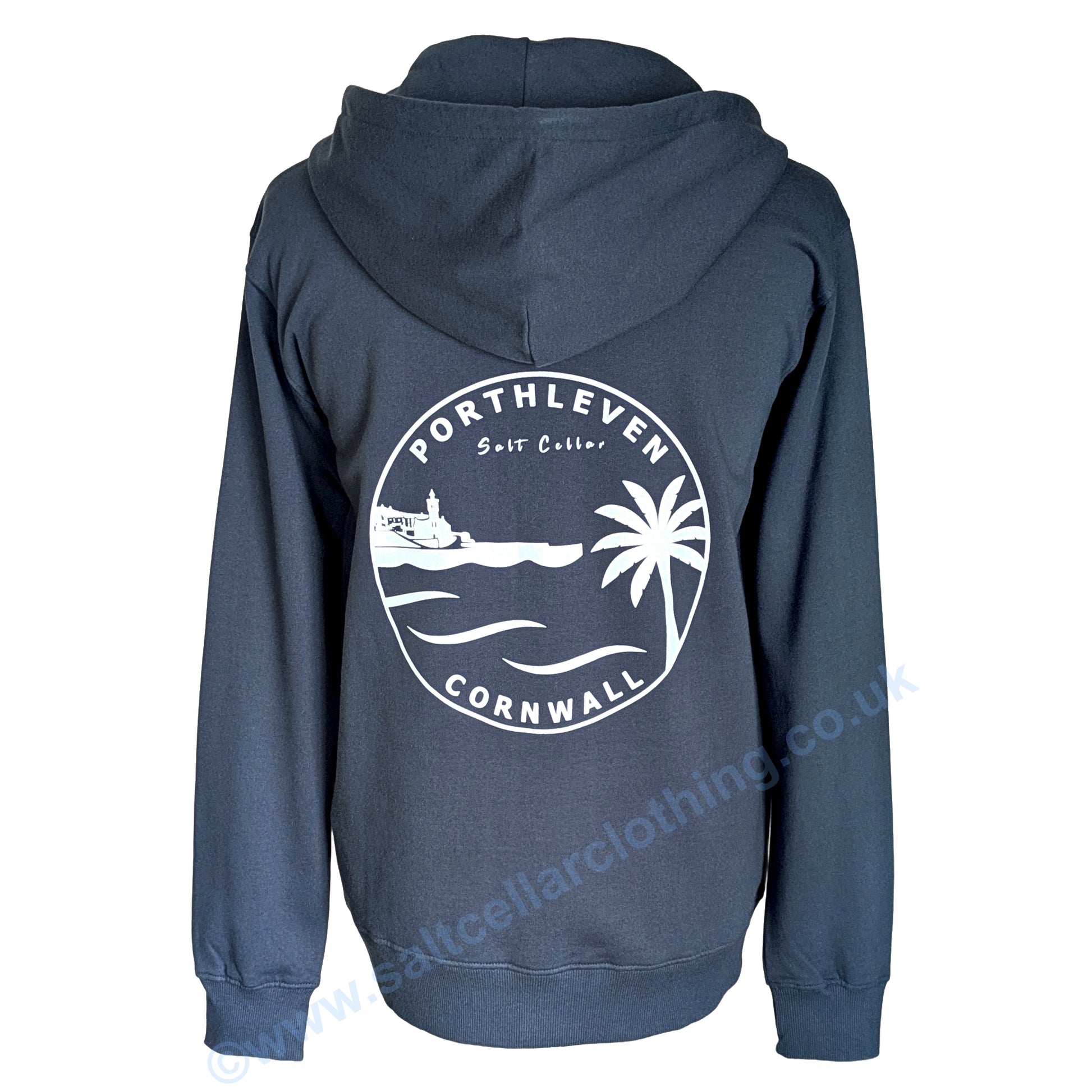 A Petrol Blue hoodie shown from the back, featuring a large white circular graphic print on the back featuring a clocktower and harbour, palm tree, waves, and the text 'PORTHLEVEN Salt Cellar' and 'CORNWALL'.