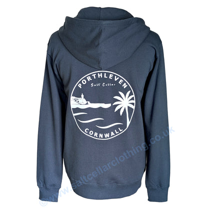 A Petrol Blue hoodie shown from the back, featuring a large white circular graphic print on the back featuring a clocktower and harbour, palm tree, waves, and the text 'PORTHLEVEN Salt Cellar' and 'CORNWALL'.
