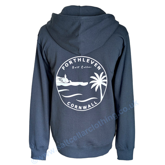 A Petrol Blue hoodie shown from the back, featuring a large white circular graphic print on the back featuring a clocktower and harbour, palm tree, waves, and the text 'PORTHLEVEN Salt Cellar' and 'CORNWALL'.
