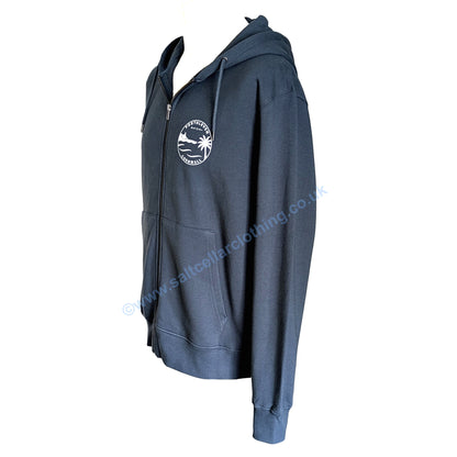 A Petrol Blue full zip hoodie shown from the side, featuring a small white circular graphic print featuring a clocktower and harbour, palm tree, waves, and the text 'PORTHLEVEN Salt Cellar' and 'CORNWALL'.
