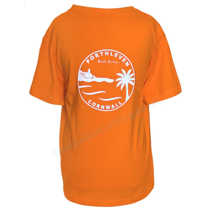 Main view of an orange kids t-shirt with a white Porthleven, Cornwall graphic print on a white background