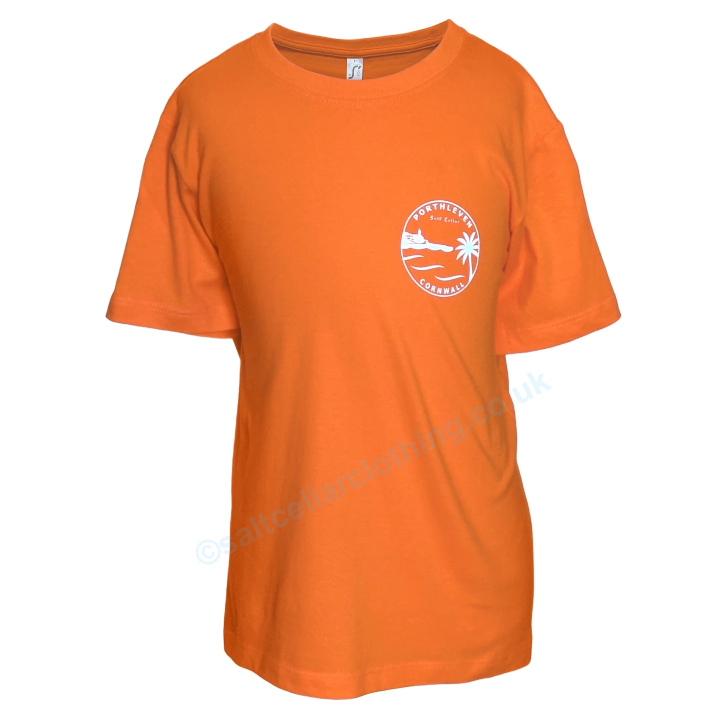 Orange kids short sleeve t-shirt with a white Porthleven, Cornwall logo on a white background