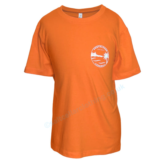Orange kids short sleeve t-shirt with a white Porthleven, Cornwall logo on a white background