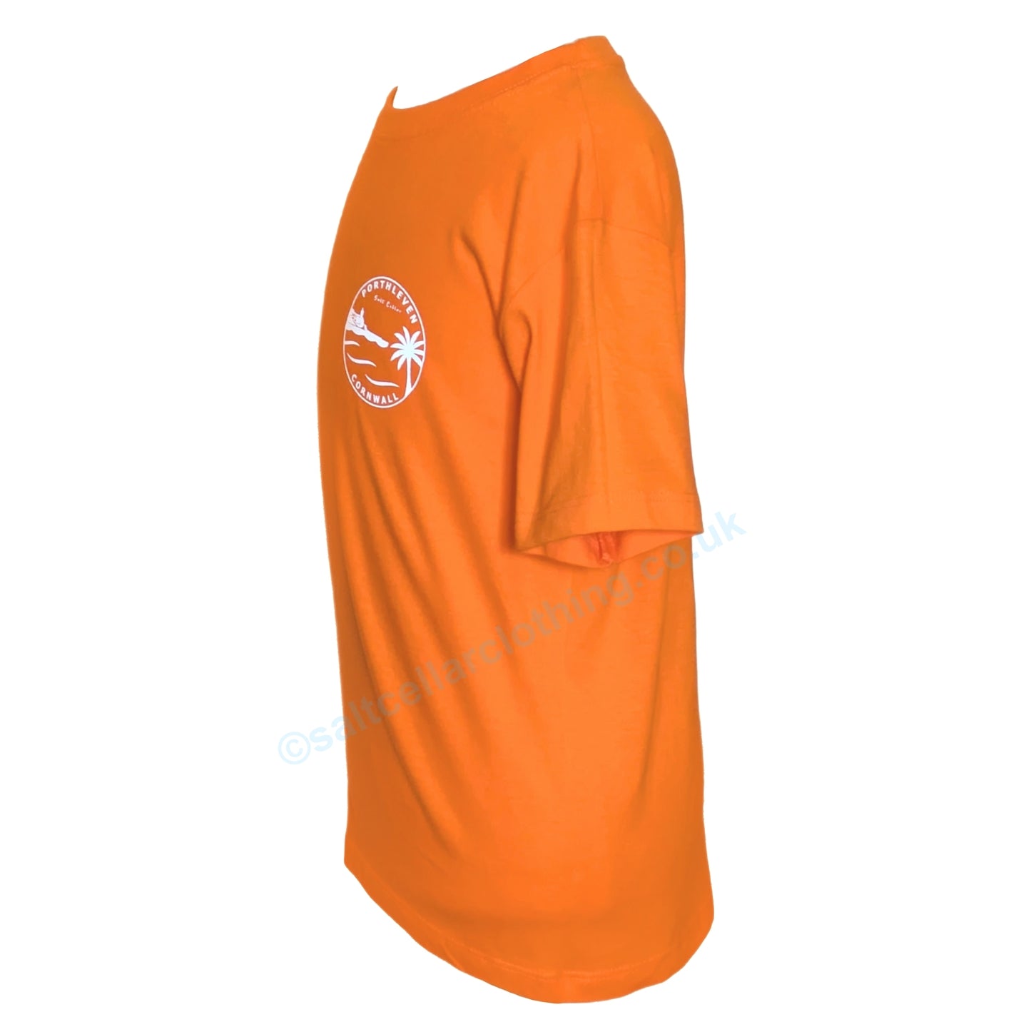 Side view of an orange kids t-shirt with a Porthleven print logo on a white background