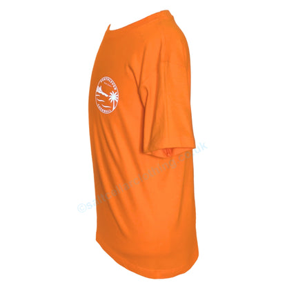 Side view of an orange kids t-shirt with a Porthleven print logo on a white background