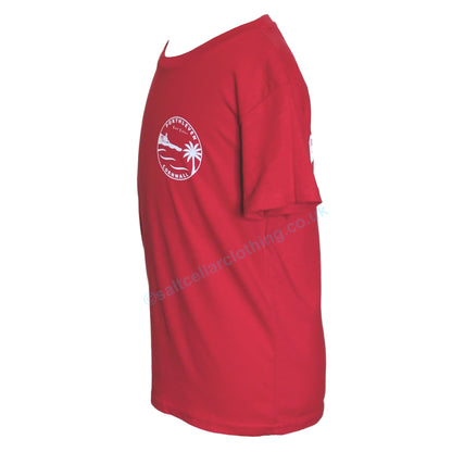 Side view of a kids red t-shirt with a Porthleven print logo on the chest against a white background