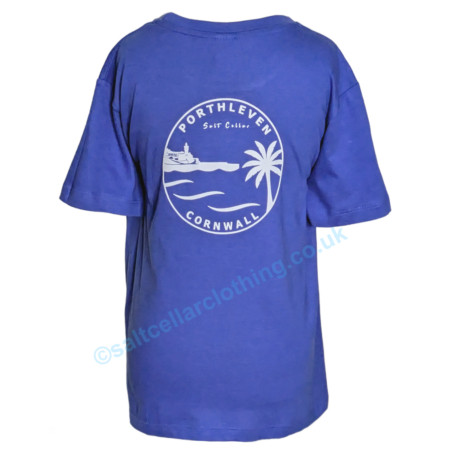 Main view of a kids royal blue short sleeve t-shirt with a Porthleven, Cornwall printed logo, displayed against a white background.